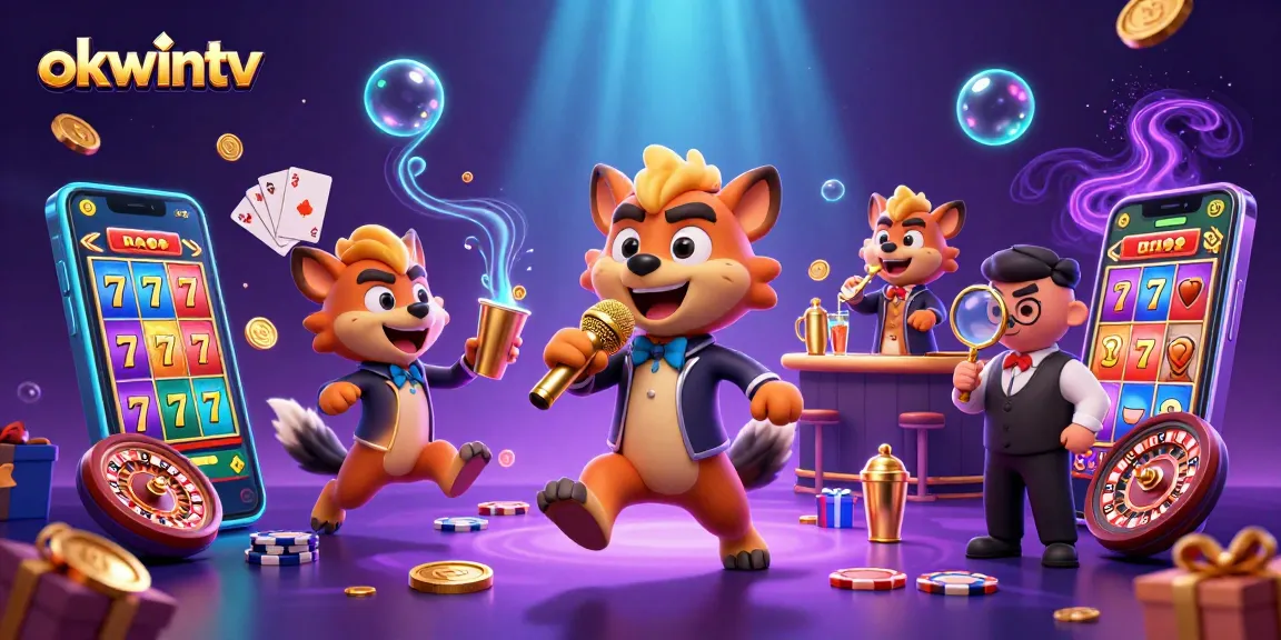 Engage with okwintv's vibrant 3D casino scene featuring hyenas in a comedy club and slot games.