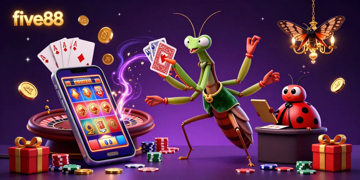 Exciting five88 casino scene featuring a giant praying mantis card sharp and a ladybug pit boss amidst dynamic gambling elements.