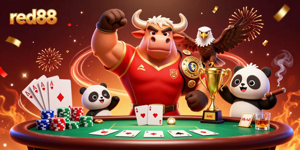 Experience the excitement of red88 with our dynamic victory scene featuring a bull, eagle, and panda!