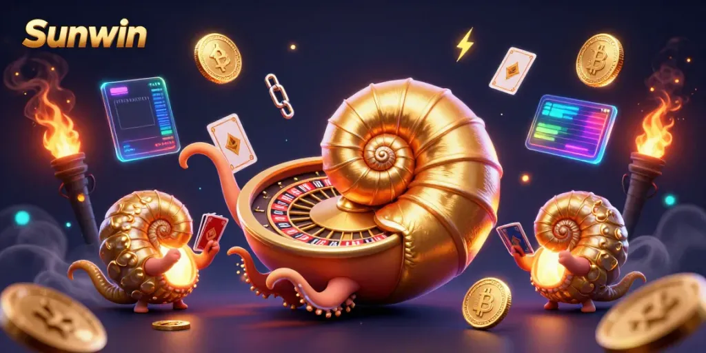 Engage with thrilling games on Sunwin, depicted with a dynamic scene of a giant nautilus roulette wheel and digital crypto elements.