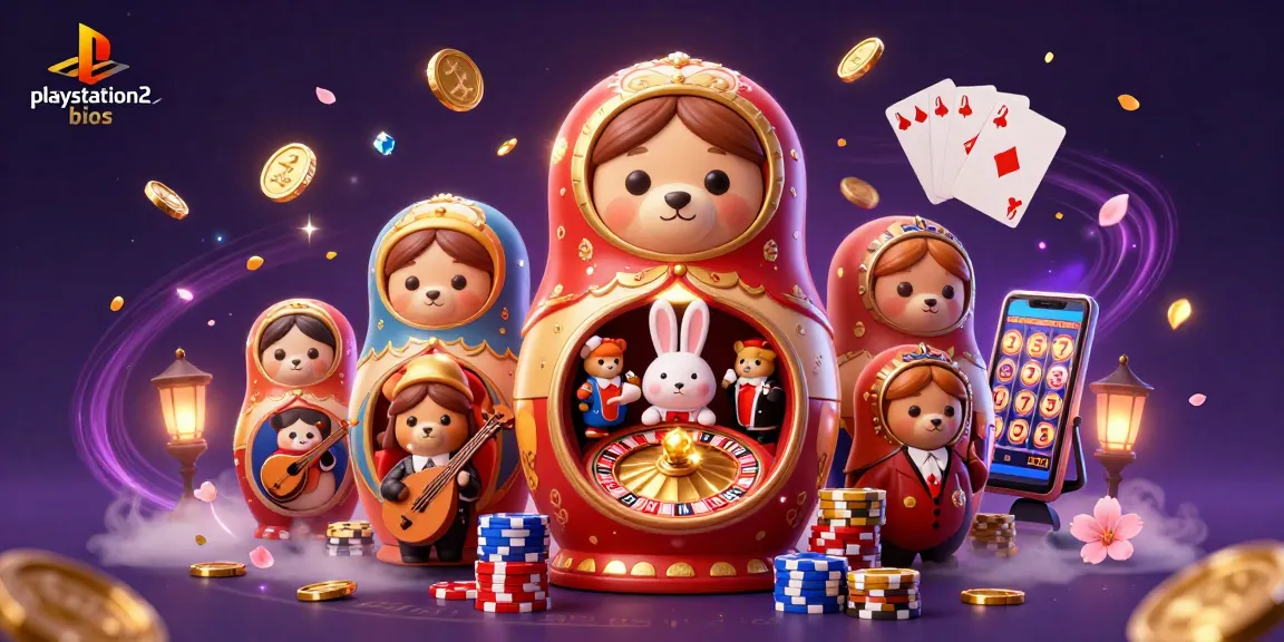 Experience winnings with playstation2bios in a vibrant casino-themed illustration featuring characters and game elements.