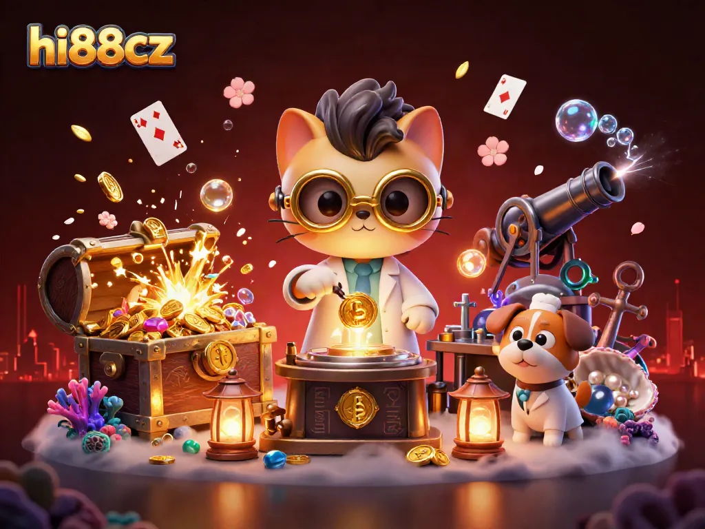 hi88cz's mad scientist cat and dog create gold coins amidst an explosion of treasures and gaming elements