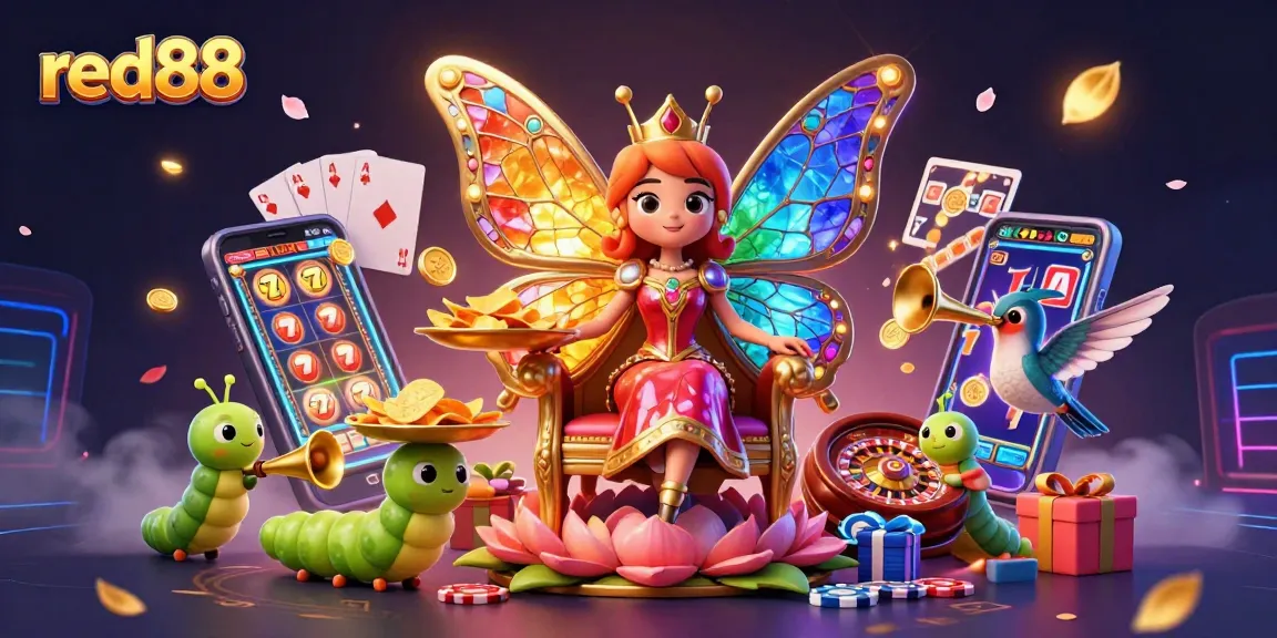 Experience thrilling gameplay with red88 as the colorful butterfly queen presides over a vibrant casino scene.