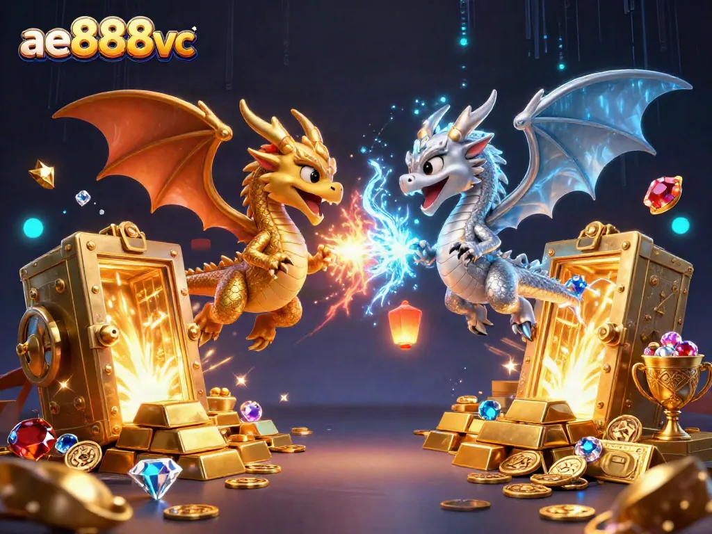 Engage with the ae888vc universe, featuring golden dragons amidst a treasure-filled spectacle of online gambling.
