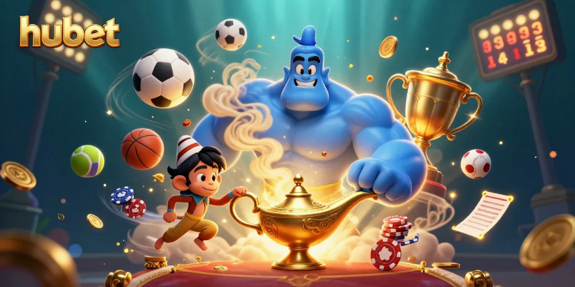 Engage with hubet's casino magic in a vibrant 3D scene featuring a genie, monkey, and poker chips.