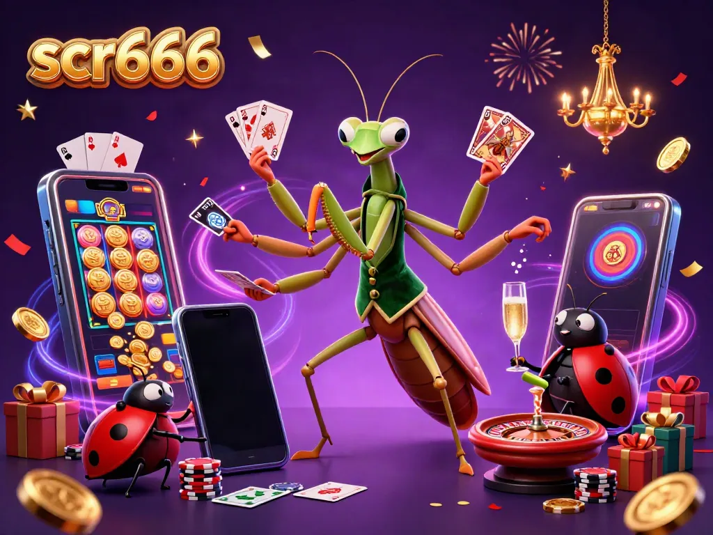 Experience the vibrant scr666 casino scene with a giant mantis dealer and ladybug pit boss.