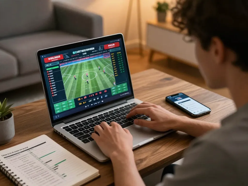 Engaging in live sports betting with J188 app on laptop for strategic wagering.