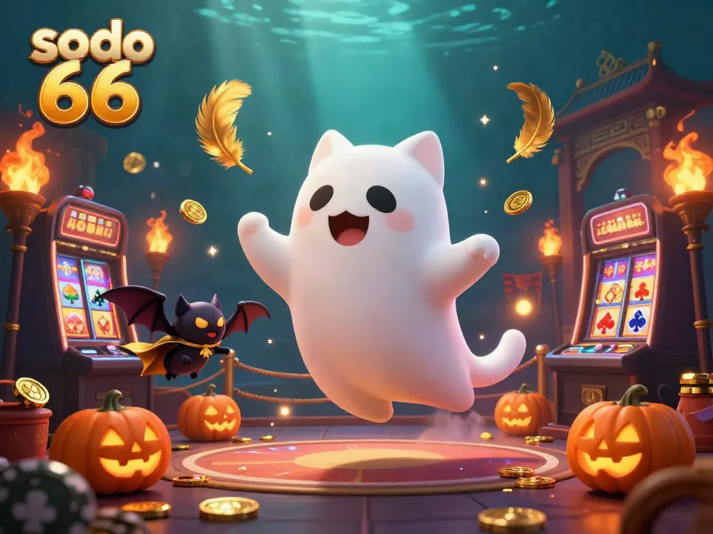 Experience the vibrant atmosphere at sodo 66, featuring a ghost cat and bat in a glowing casino.