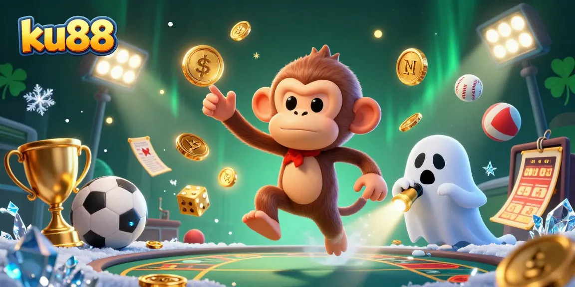 Experience excitement with ku88 as a mischievous monkey juggles in a lively casino scene.