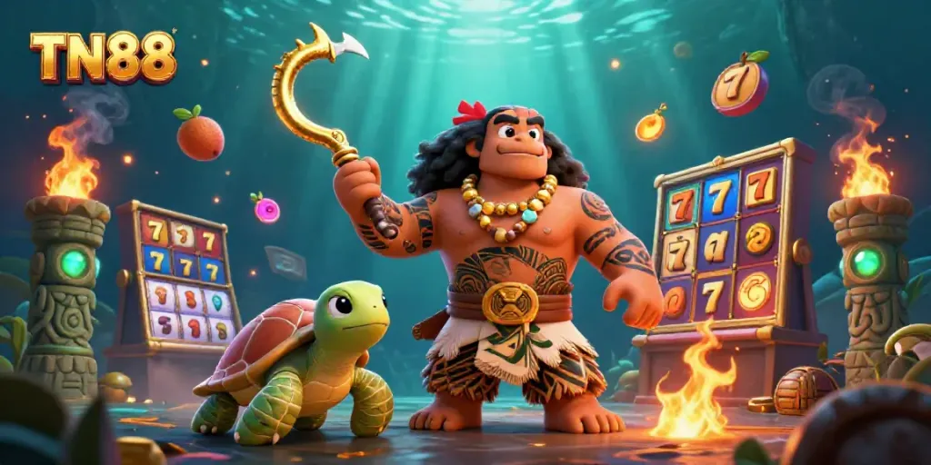 Experience the excitement of TN88's casino gaming with colorful slot reels and dynamic characters.
