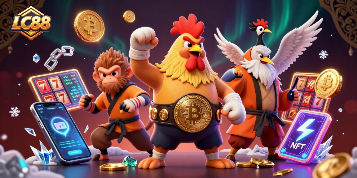 LC88 presents an exciting 3D illustration of a Muay Thai rooster and Shaolin monkey amid thrilling casino elements.