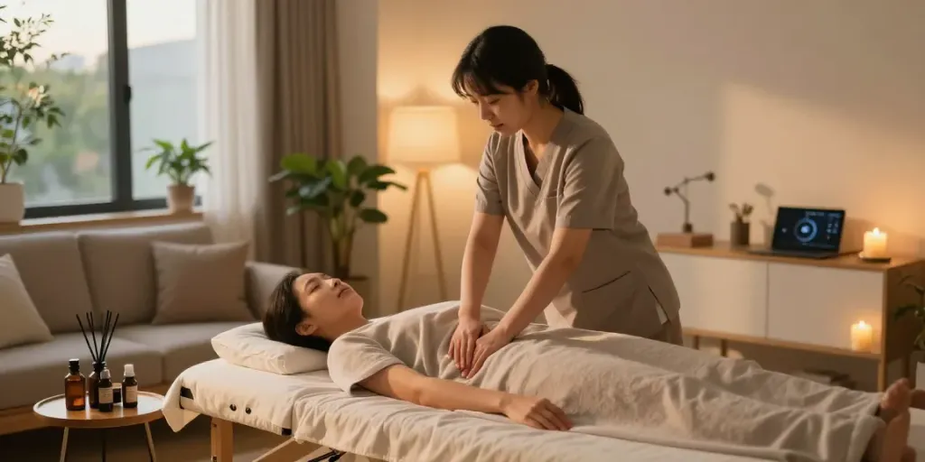 Professional therapist providing 강남출장안마 in a serene home setting, creating a calming experience for relaxation.