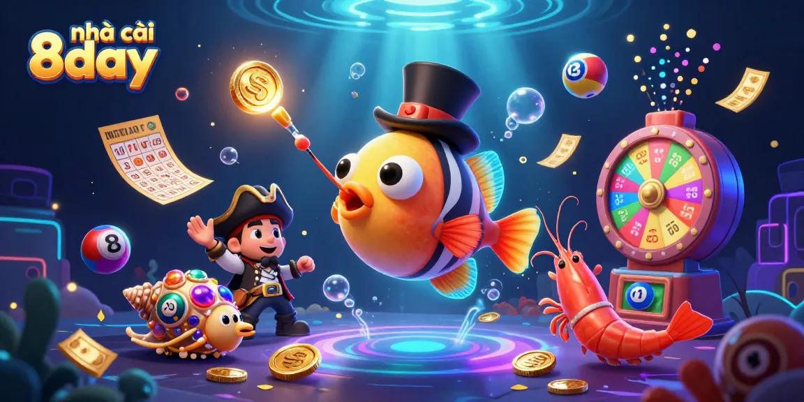 Engage in thrilling gameplay with nhà cái 8day as the anglerfish reels in golden coins amidst vibrant lottery elements.