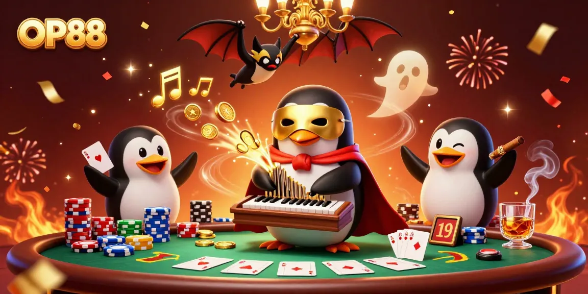 Experience OP88’s vibrant casino scene with a colorful penguin organist, golden coins, and card games.