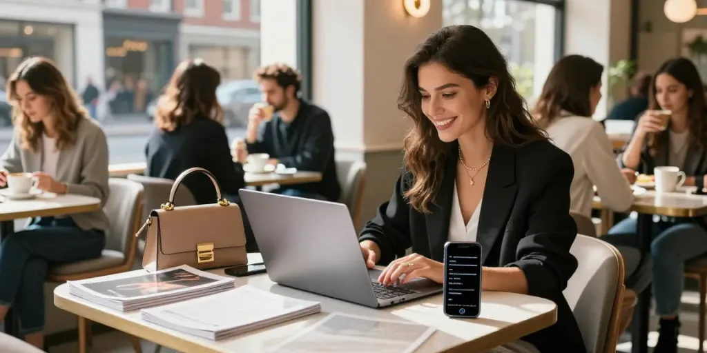 Celebritygiant lifestyle scene showcasing a fashion-forward woman in a chic cafe, engaging in video chat.