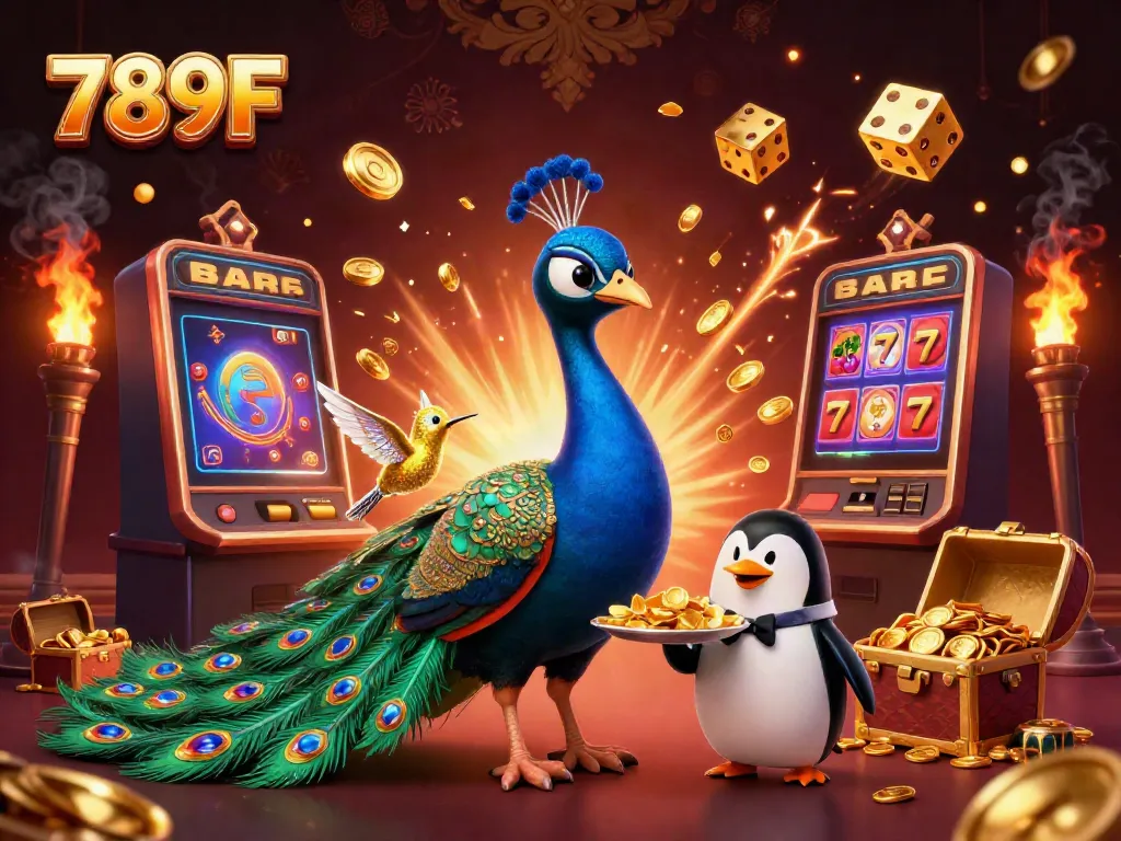 Engage in vibrant gaming action with 789F's animated characters amidst a jackpot explosion of casino elements.