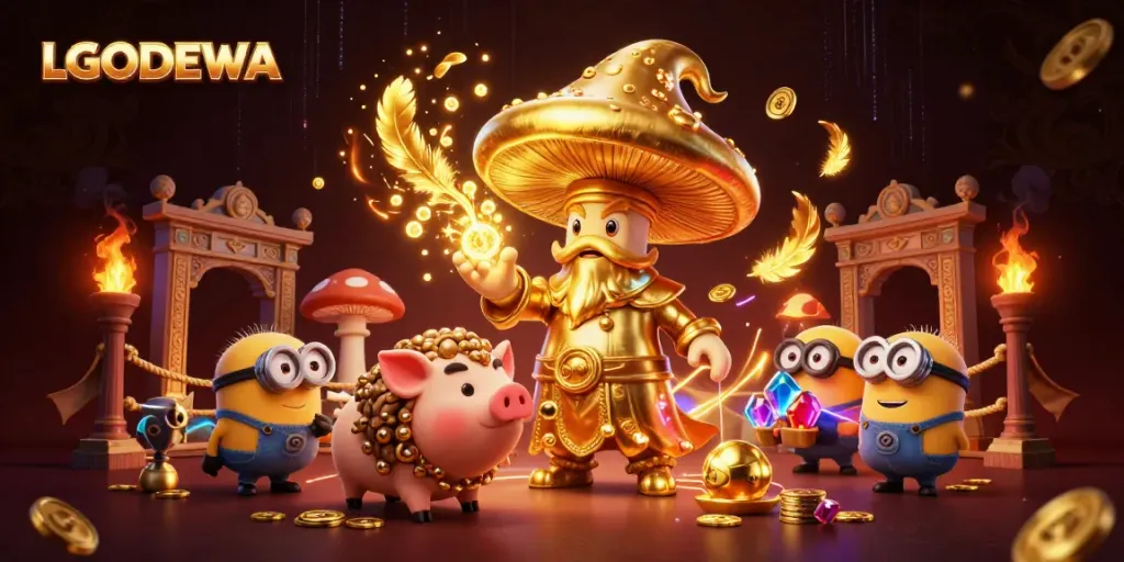 Experience exciting gameplay at LGODEWA with vibrant 3D illustration featuring treasure-hunting characters.