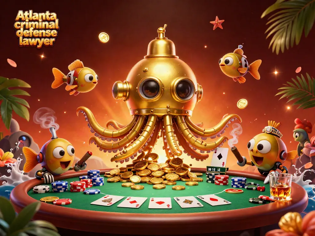 Engaging scene showcasing an Atlanta criminal defense lawyer represented by a golden kraken submarine and poker-themed elements