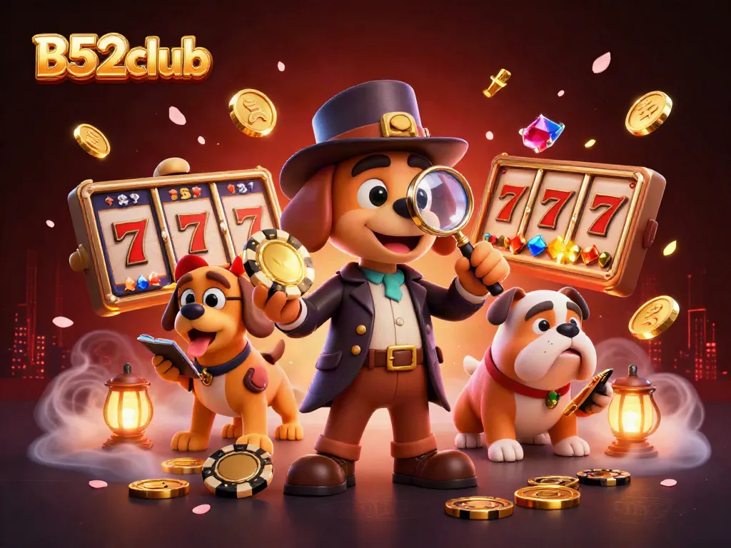 B52club's vibrant casino scene with characters analyzing poker chip clues amidst gold coins.