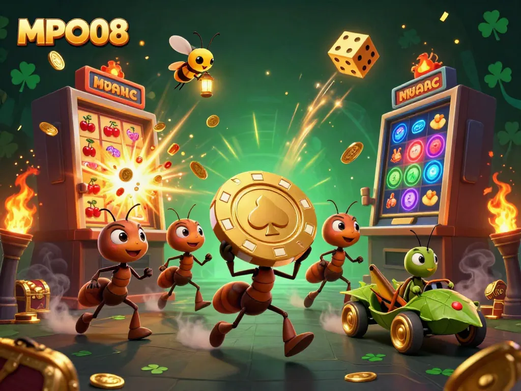 MPO08 reveals a dynamic online slot adventure with ants on a heist, packed with casino excitement.