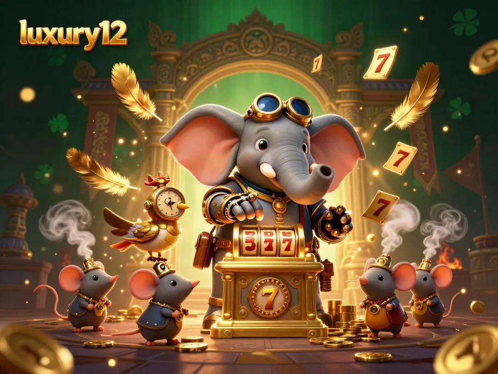 Engage with luxury12's thrilling gameplay as a steampunk elephant operates a golden slot machine amidst swirling gold coins.