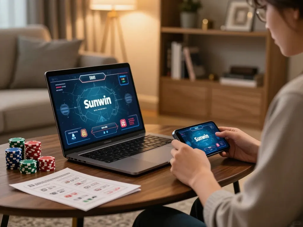 Engaging in Sunwin online gaming strategy with laptop and chips, cozy home atmosphere.