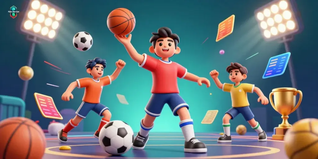 Engage with Kèo Nhà Cái 5 in an exciting sports betting scene featuring dynamic sports elements.