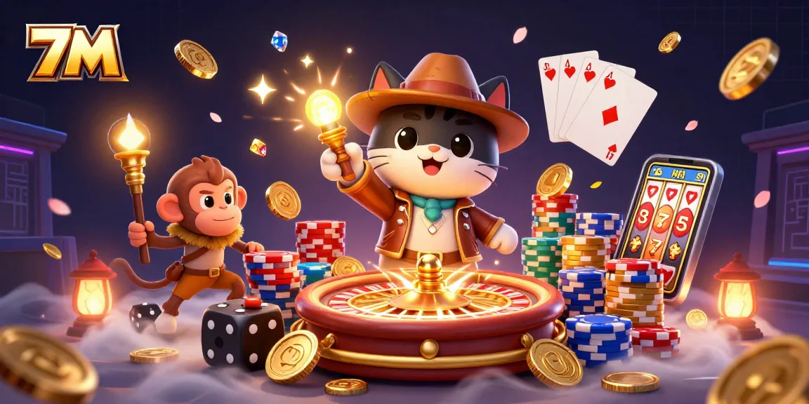 7M explorers uncover a golden casino artifact amidst sparkling tokens and dynamic gaming elements.