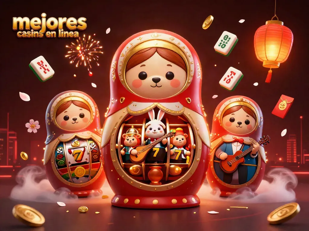 Una ilustración vibrante mostrando los mejores casinos en línea con tragamonedas y elementos de juego en un entorno 3D dinámico.