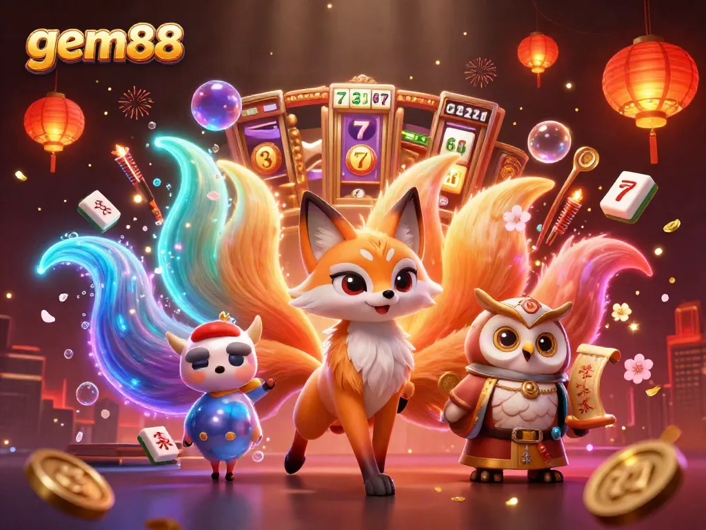 Experience the vibrant gem88 casino world with a luminous nine-tailed fox and wise owl surrounded by colorful gaming elements.