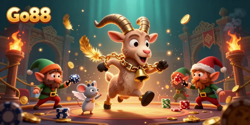 Experience the thrilling Go88 casino with playful characters in a festive setting, featuring vibrant game elements.