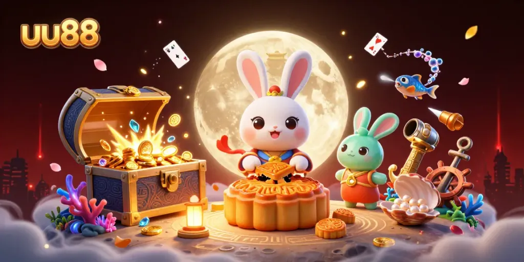 uu88 players experience dynamic casino fun with rabbit and poker chips on a lunar backdrop