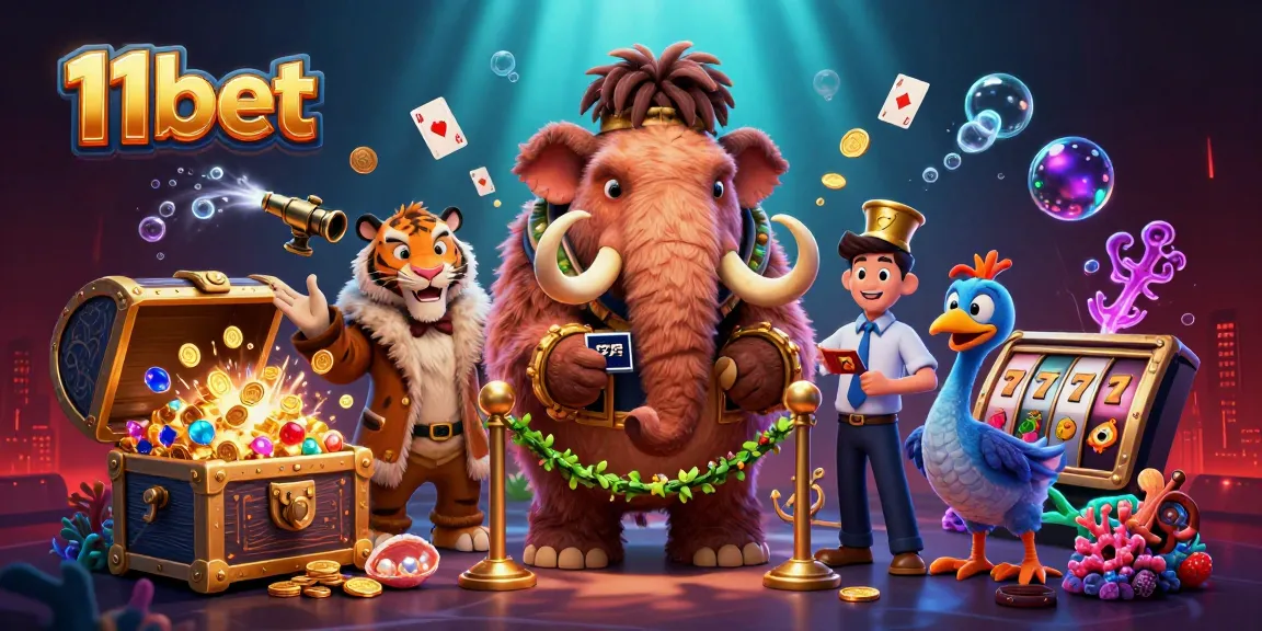 11bet showcases a vibrant 3D casino scene featuring a bouncer and VIP guest among gambling elements.
