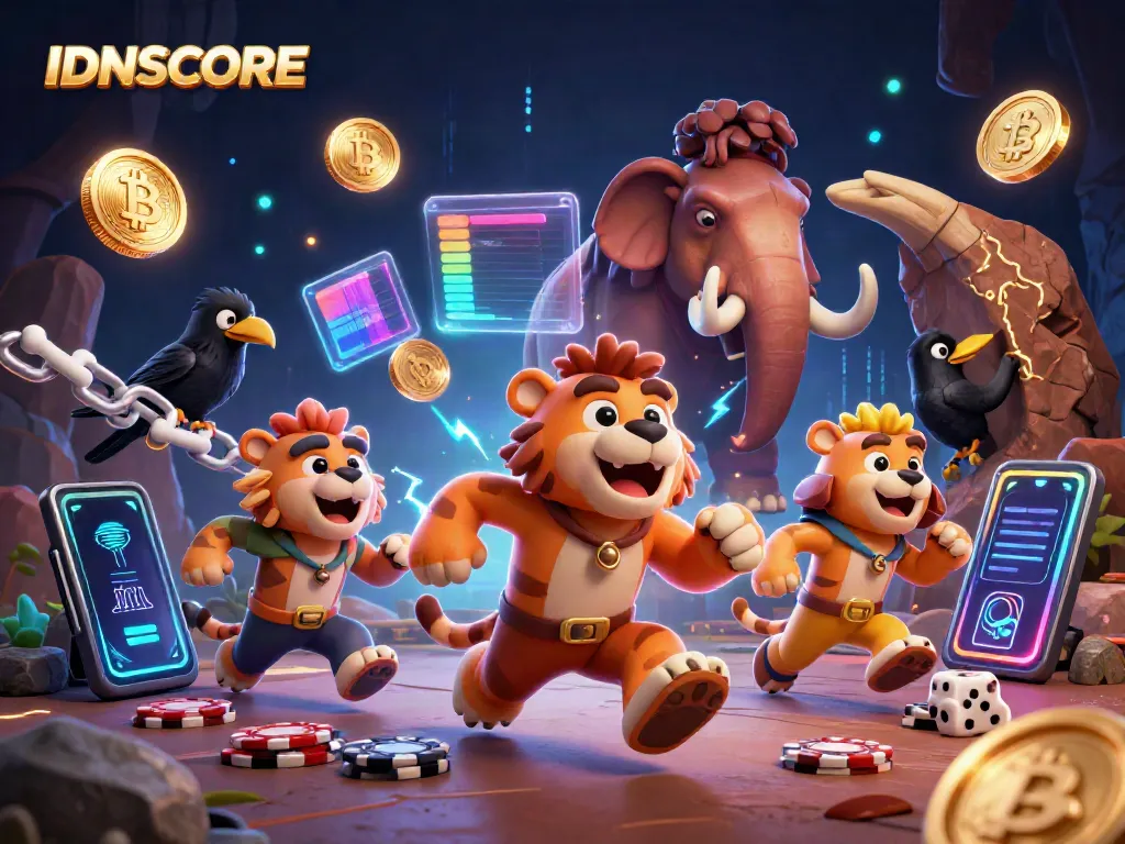 Experience thrilling gaming with IDNSCORE at a vibrant prehistoric casino featuring lively characters and crypto elements.