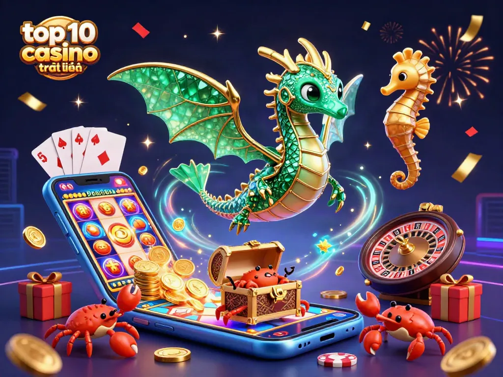 Những hình ảnh thú vị về top 10 casino trực tuyến với rồng biển 3D và các vật phẩm trò chơi.
