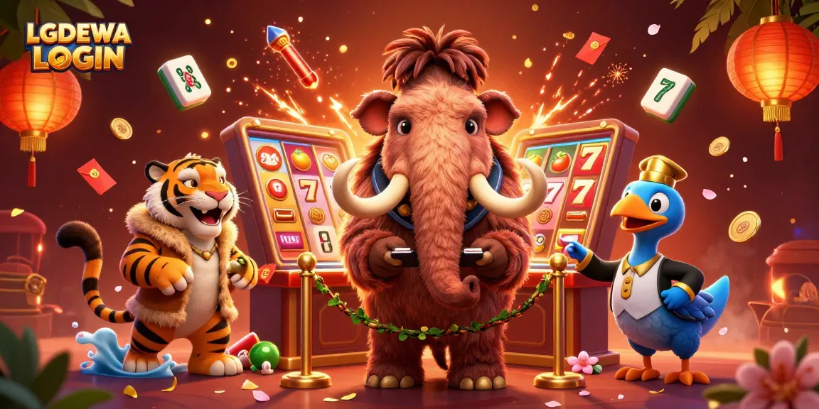 Experience exclusive LGODEWA LOGIN action as a woolly mammoth bouncer checks IDs outside a vibrant casino.