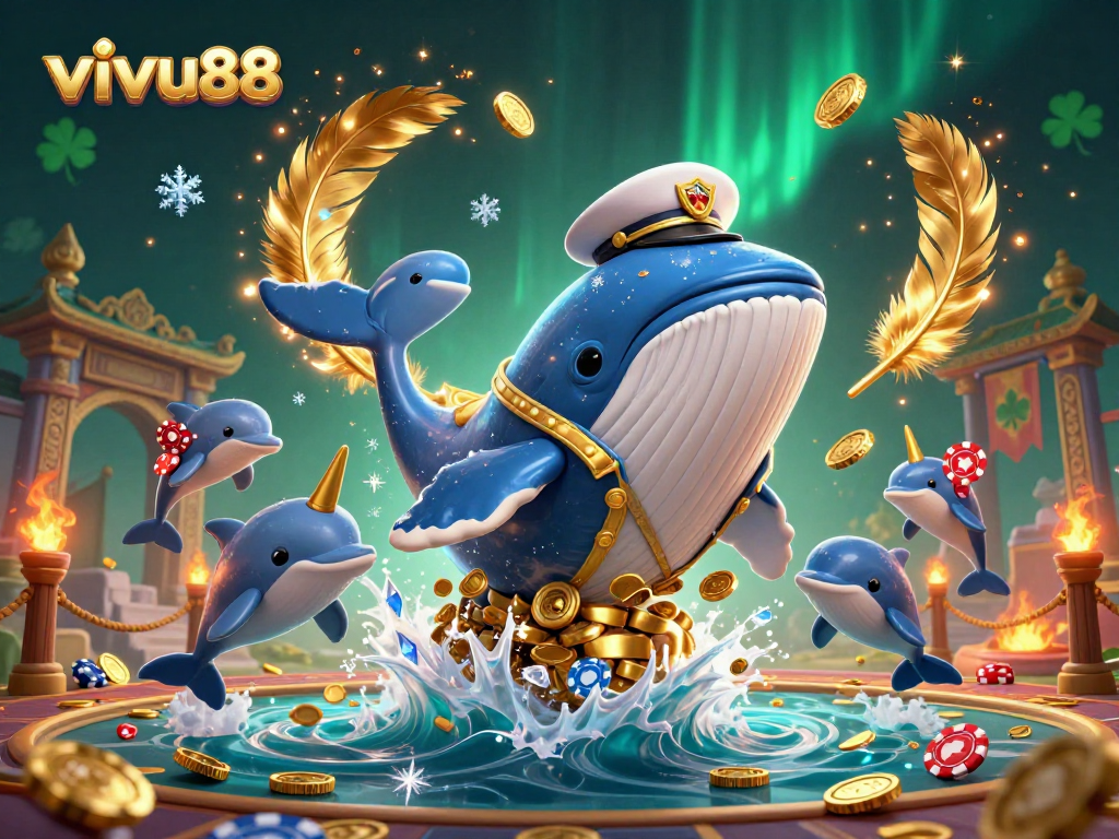 Experience thrilling gameplay as vivu88's cartoon whale and friends dive into a sea of coins while playing poker.