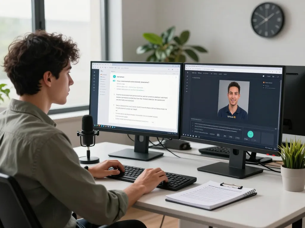 Practicing for an ai interview in a modern workspace with dual monitors and real-time analytics.