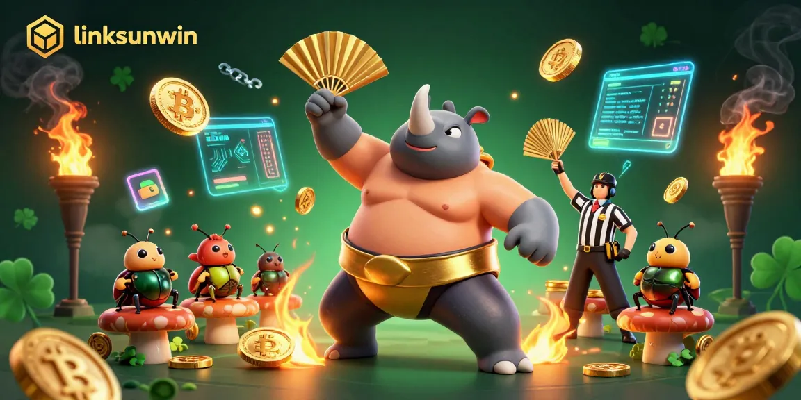 Experience thrills at linksunwin with a sumo champion beetle amid swirling crypto coins and vibrant casino elements.