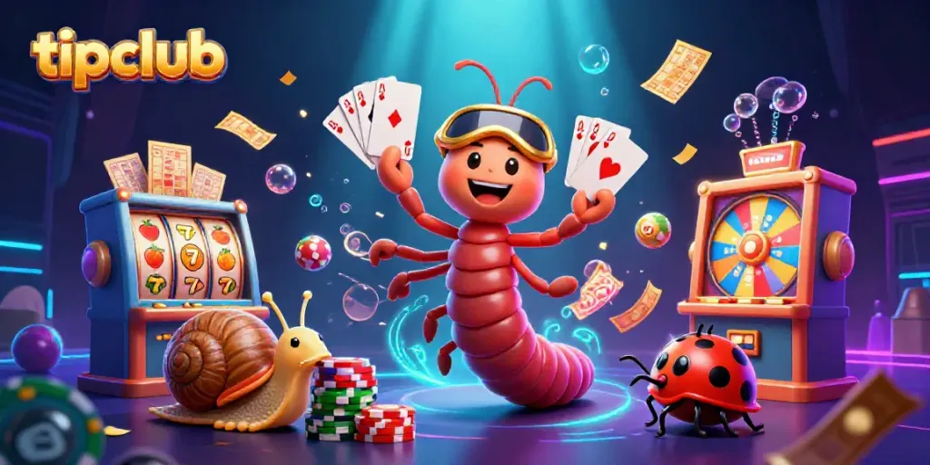 Engage in thrilling games at tipclub, featuring a vibrant millipede dealer and colorful slot reels.