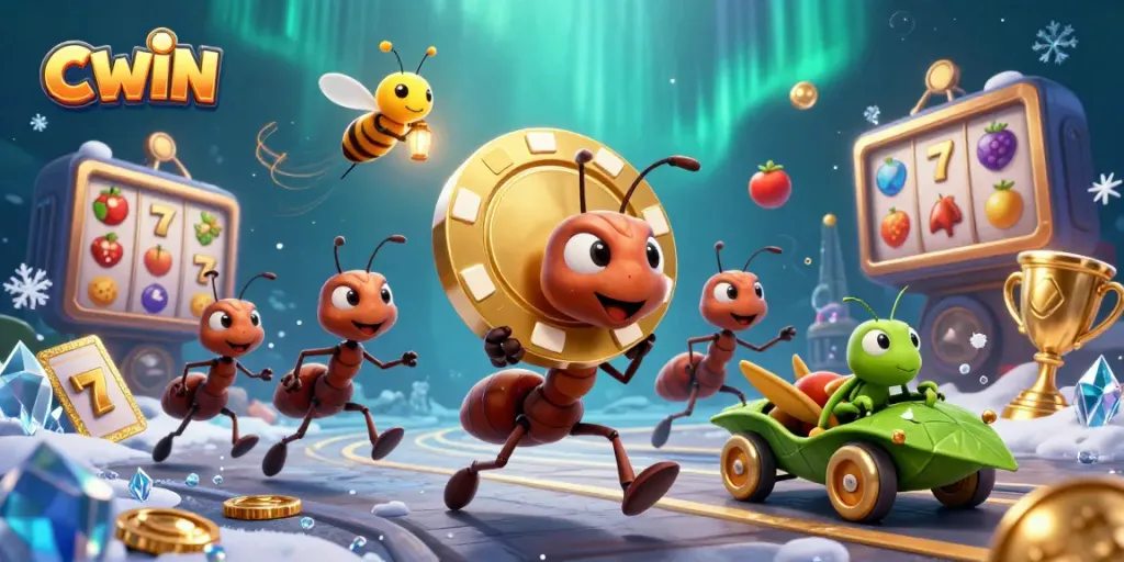 Engaging CWIN-themed scene showcasing a heist with ants transporting a giant golden poker chip, surrounded by dynamic casino elements.