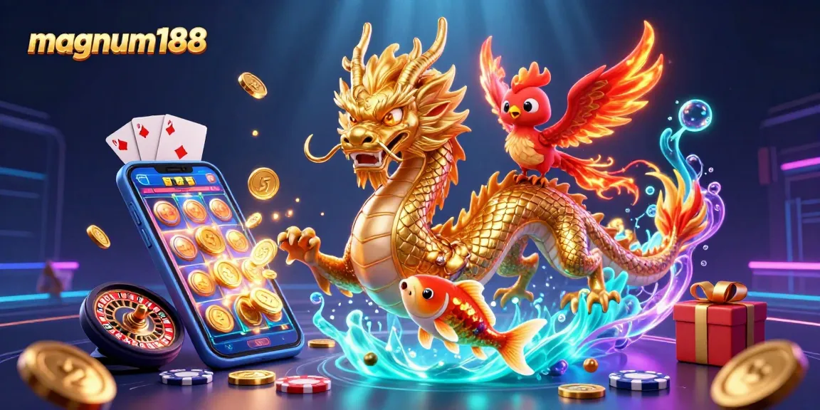 Experience magnum188's lively gaming scene with a golden dragon, phoenix, and koi fish amid riches.