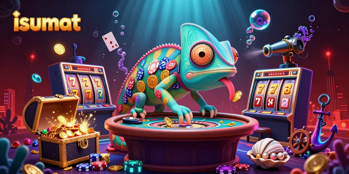 Spin the reels with isumat at a vibrant online casino scene with animated characters and dynamic games.