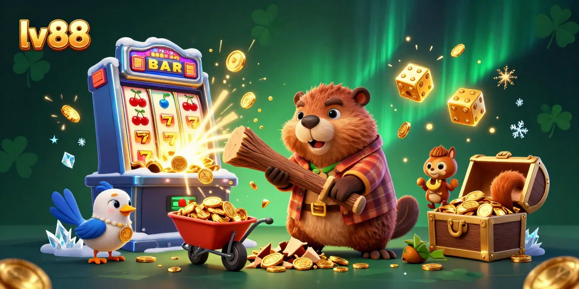 Experience the thrill at lv 88 with a vibrant 3D cartoon scene showcasing a beaver, bird, and squirrel amidst coins, jackpots, and casino elements.