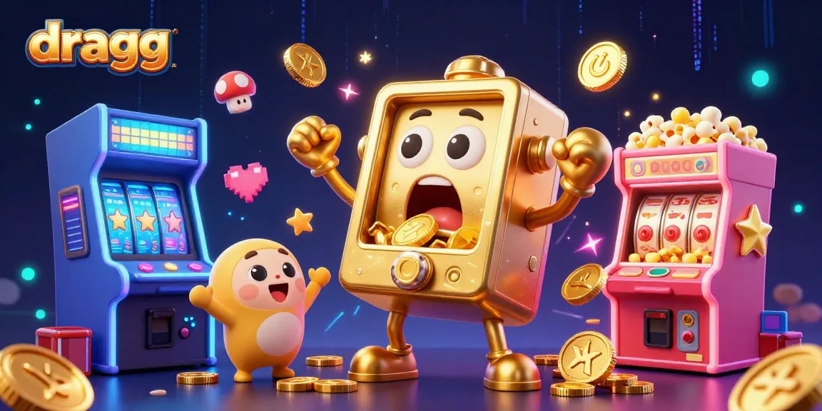 dragg casino scene with a golden slot machine winning jackpots while colorful arcade elements surround it