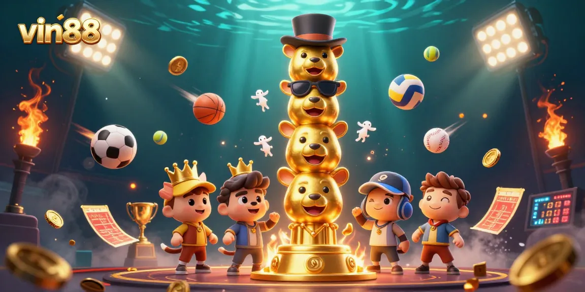 Experience exhilarating betting action with vin88’s vibrant casino-themed 3D illustration showcasing sports and games