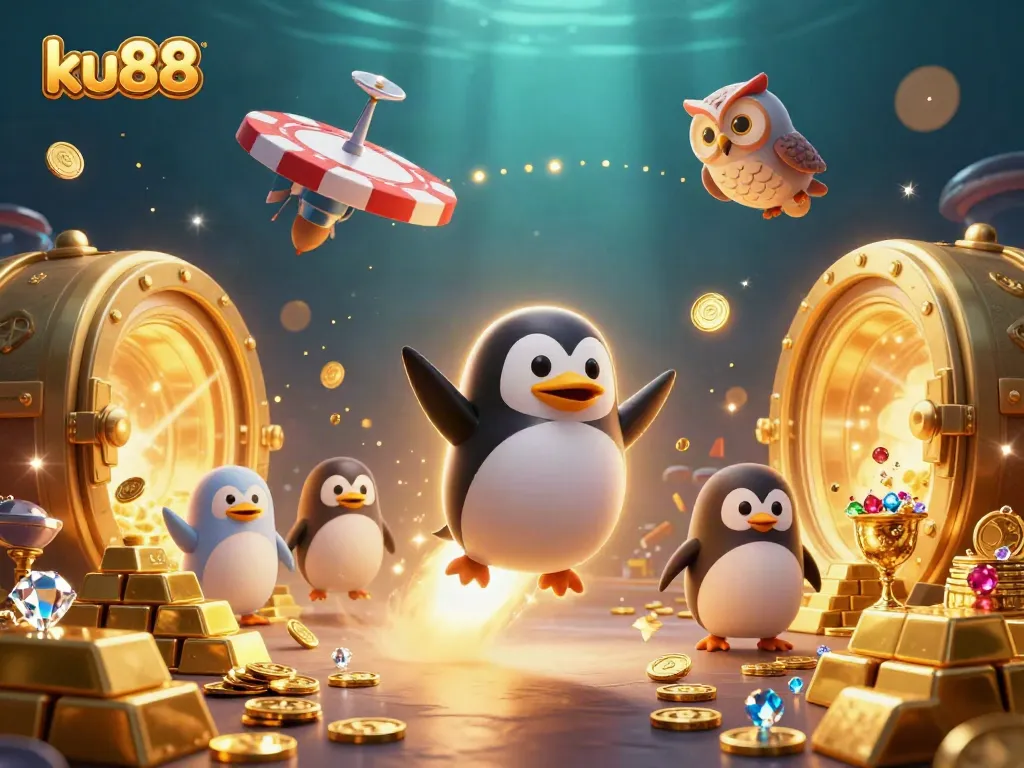 Engage with exciting slots at ku88, featuring a vibrant golden penguin and a poker chip casino.