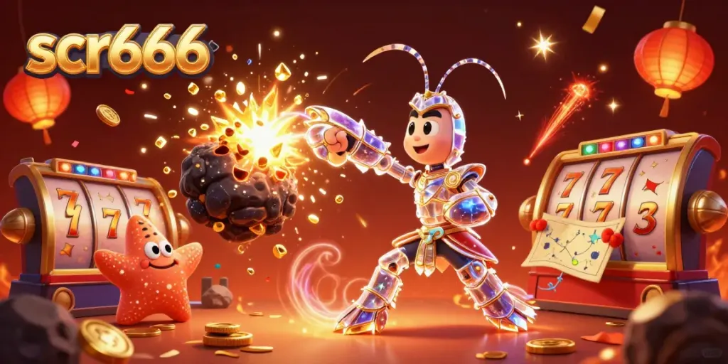 Experience the excitement of scr666 with a thrilling 3D casino scene featuring vibrant characters and casino elements.