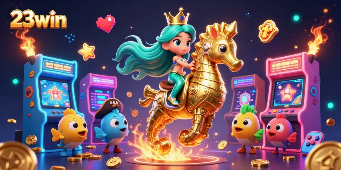 Engage with 23win casino games in a vibrant illustration with a mermaid and seahorse.