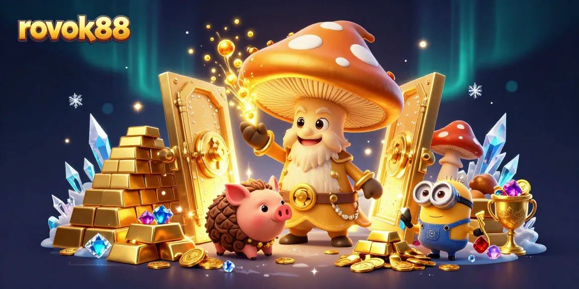 Experience the magic of rokok88 and uncover golden treasures in this vibrant casino illustration.